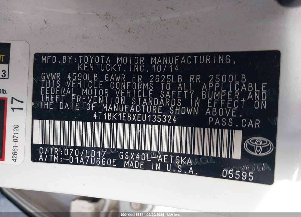 2014 TOYOTA AVALON XLE VIN: 4T1BK1EBXEU135324
