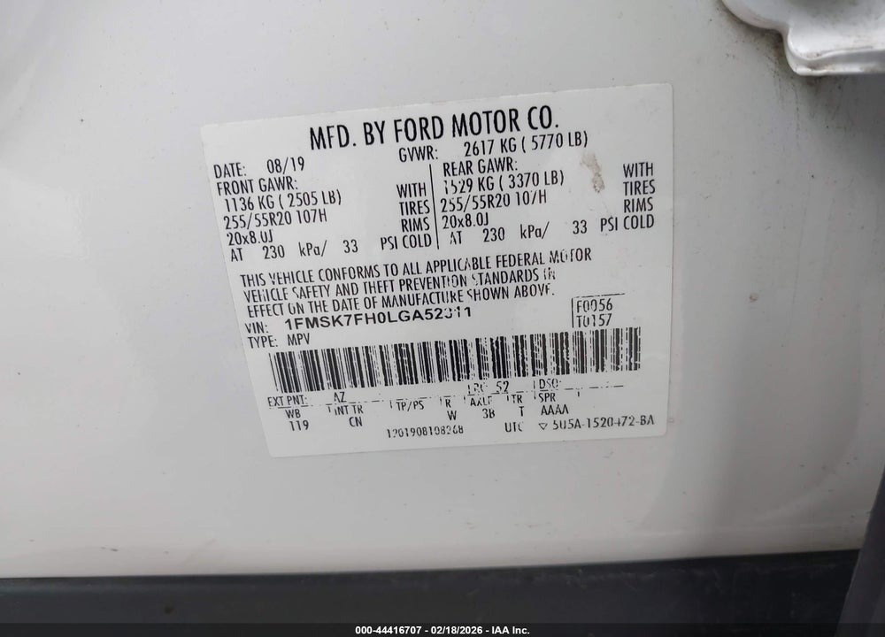 2020 FORD EXPLORER LIMITED VIN: 1FMSK7FH0LGA52311