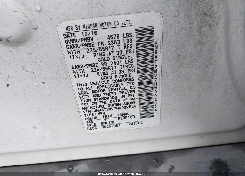 2017 NISSAN ROGUE SV VIN: JN8AT2MV7HW002824