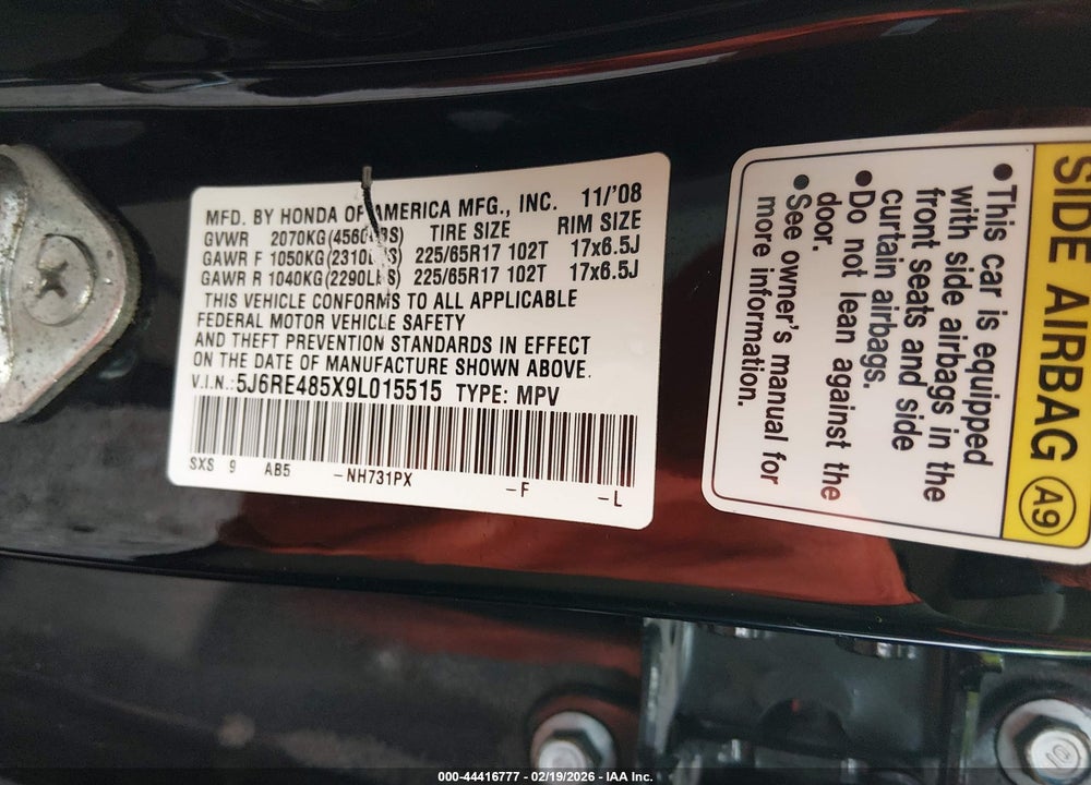2009 HONDA CR-V EX VIN: 5J6RE485X9L015515