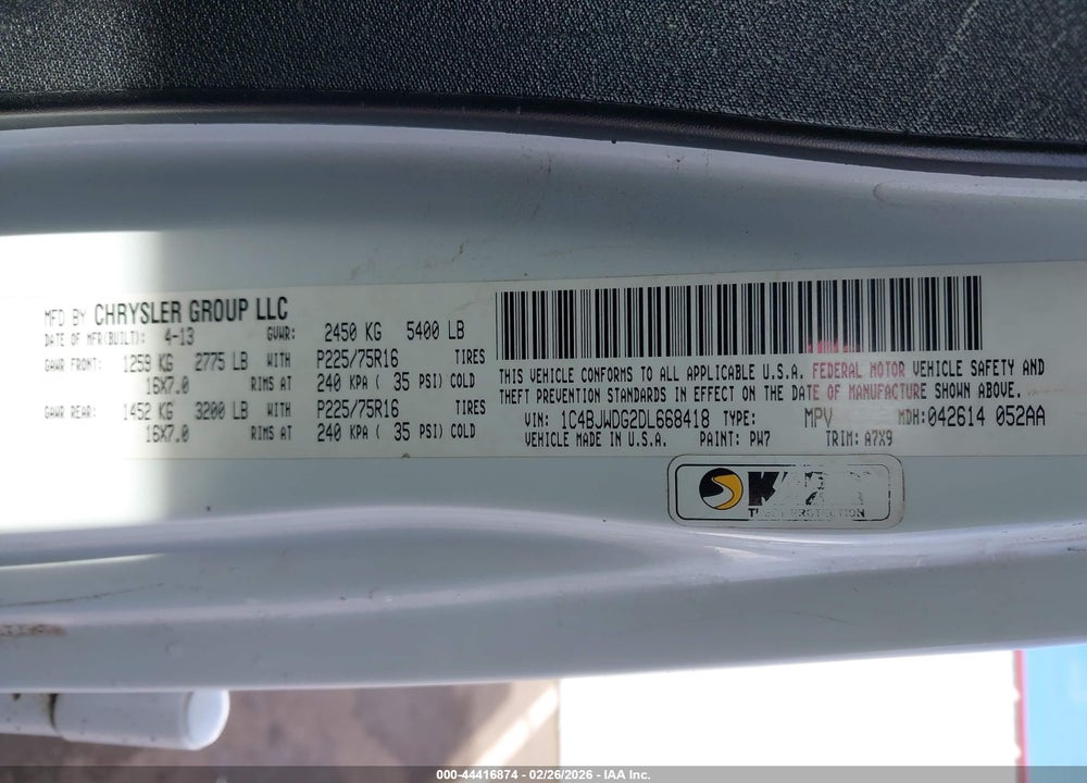 2013 JEEP WRANGLER UNLIMITED SPORT VIN: 1C4BJWDG2DL668418