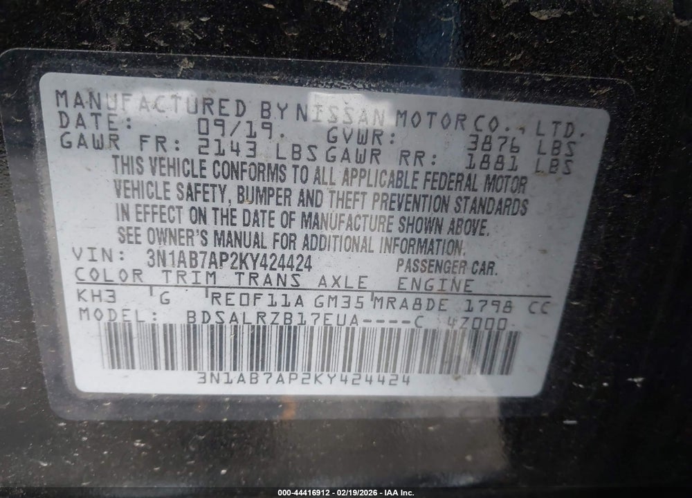 2019 NISSAN SENTRA SR VIN: 3N1AB7AP2KY424424