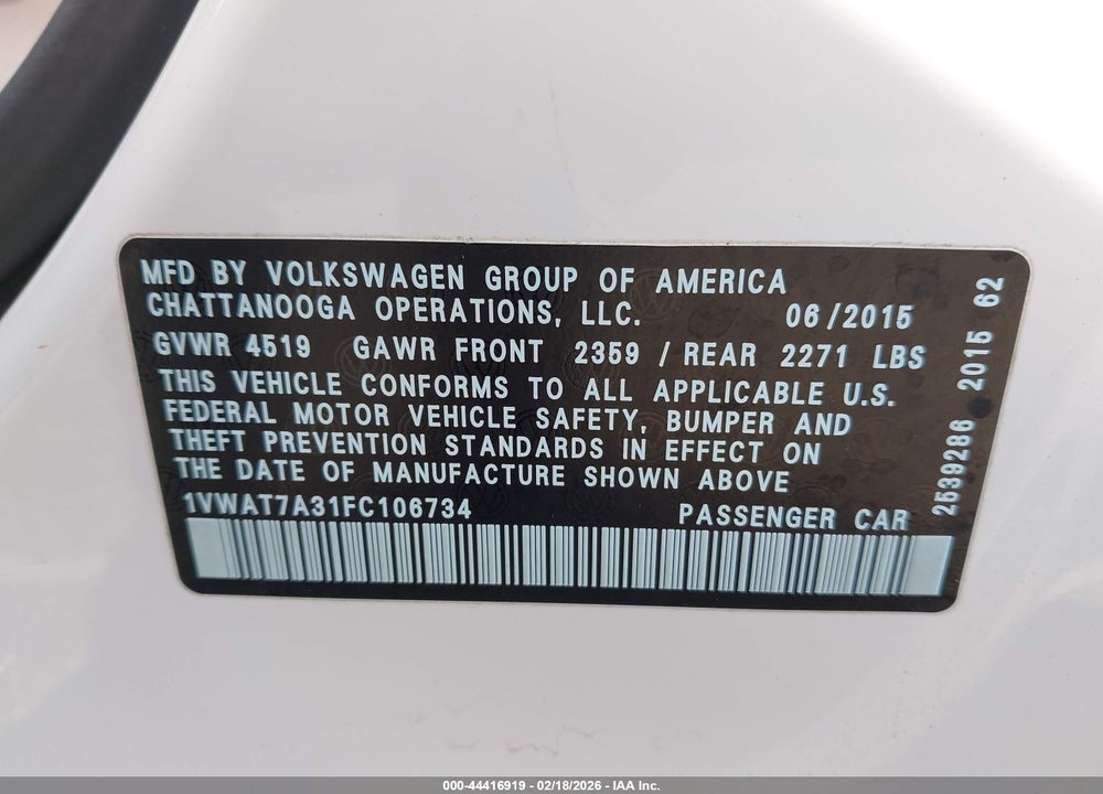 2015 VOLKSWAGEN PASSAT 1.8T LIMITED EDITION VIN: 1VWAT7A31FC106734