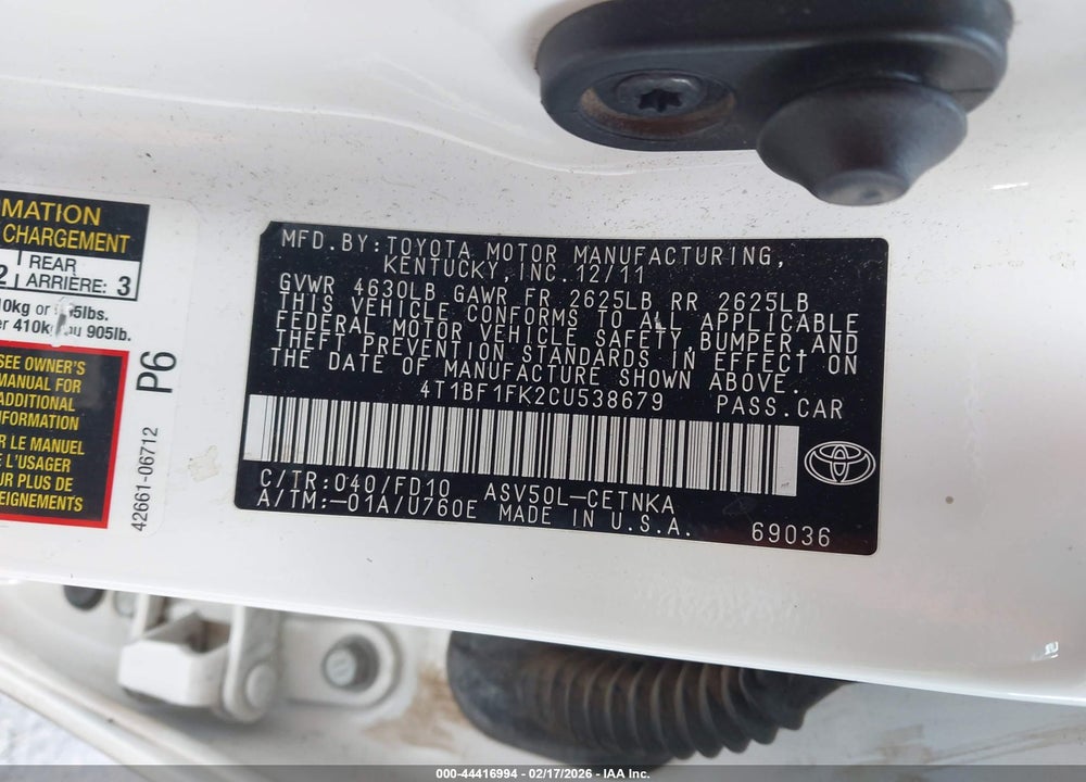 2012 TOYOTA CAMRY LE VIN: 4T1BF1FK2CU538679