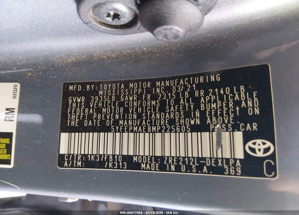 2021 TOYOTA COROLLA LE VIN: 5YFEPMAE8MP225605