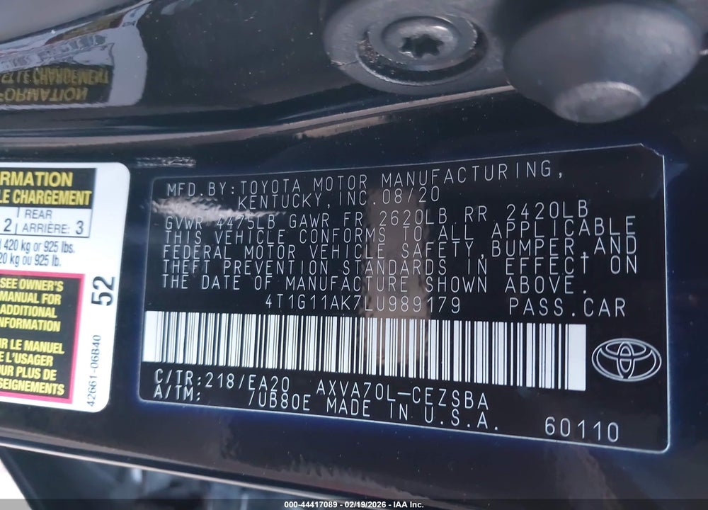 2020 TOYOTA CAMRY SE VIN: 4T1G11AK7LU989179