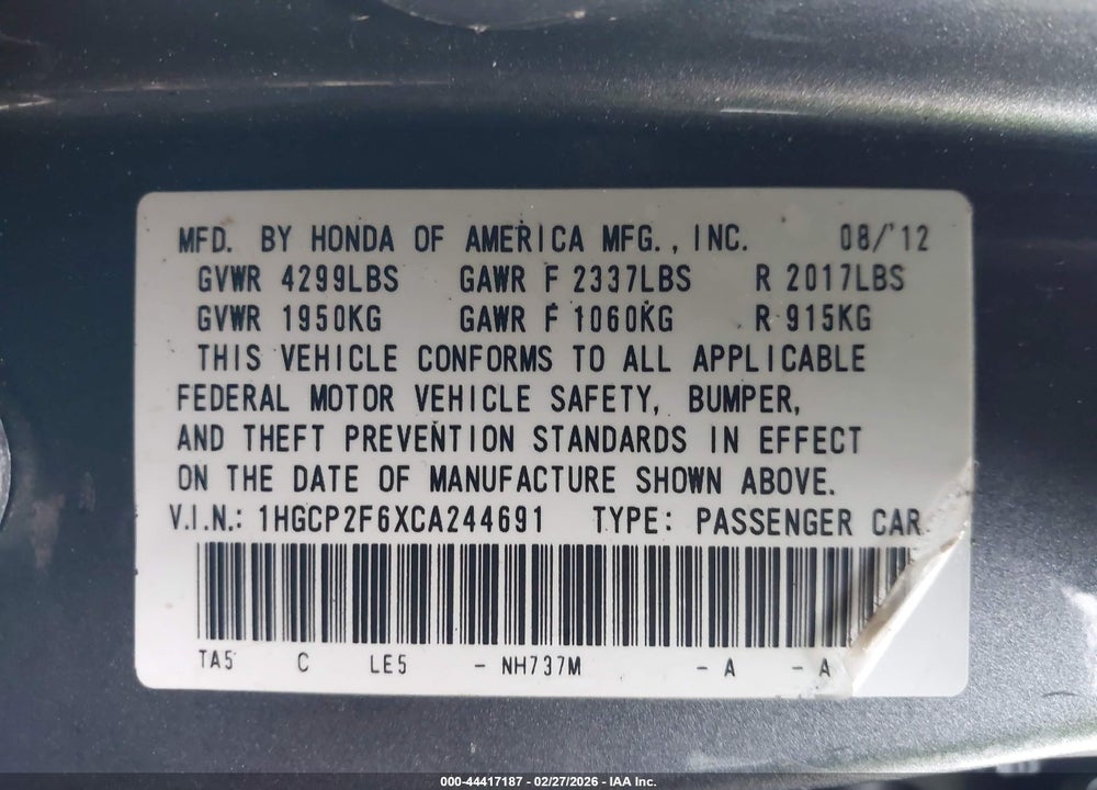 2012 HONDA ACCORD 2.4 SE VIN: 1HGCP2F6XCA244691