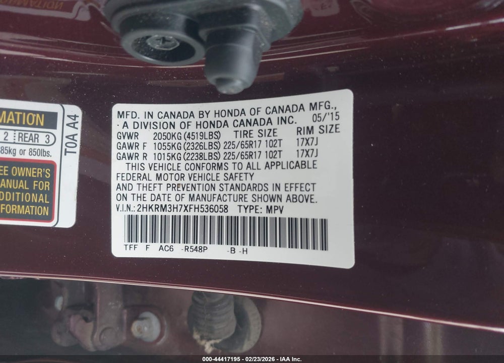 2015 HONDA CR-V EX-L VIN: 2HKRM3H7XFH536058