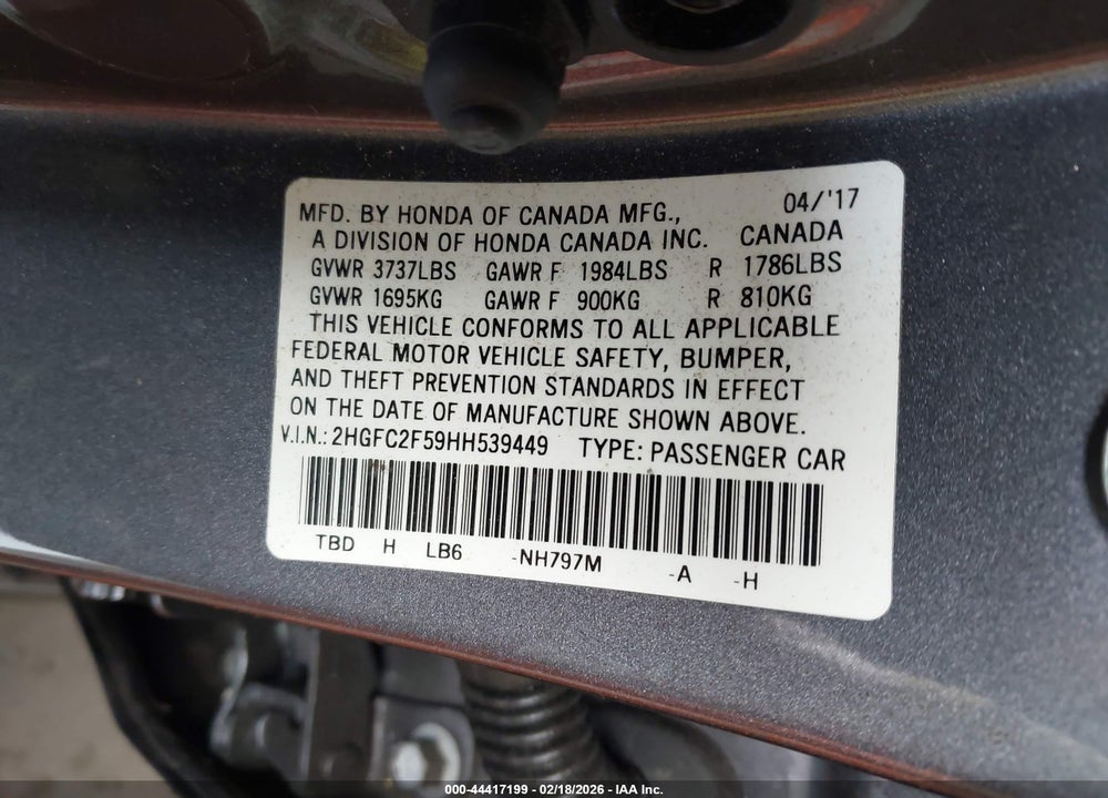 2017 HONDA CIVIC LX VIN: 2HGFC2F59HH539449