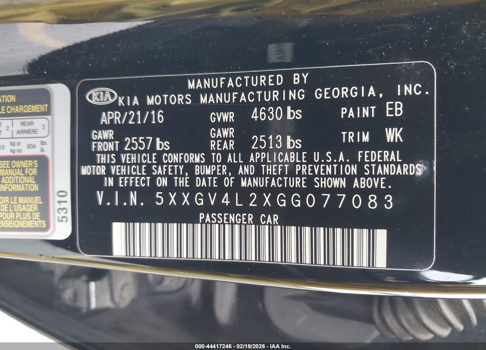 2016 KIA OPTIMA SXL TURBO VIN: 5XXGV4L2XGG077083