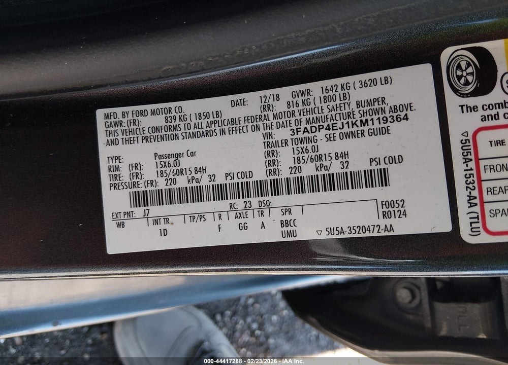 2019 FORD FIESTA SE VIN: 3FADP4EJ1KM119364