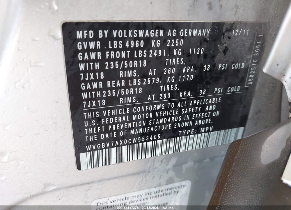 2012 VOLKSWAGEN TIGUAN SE VIN: WVGBV7AX0CW553405