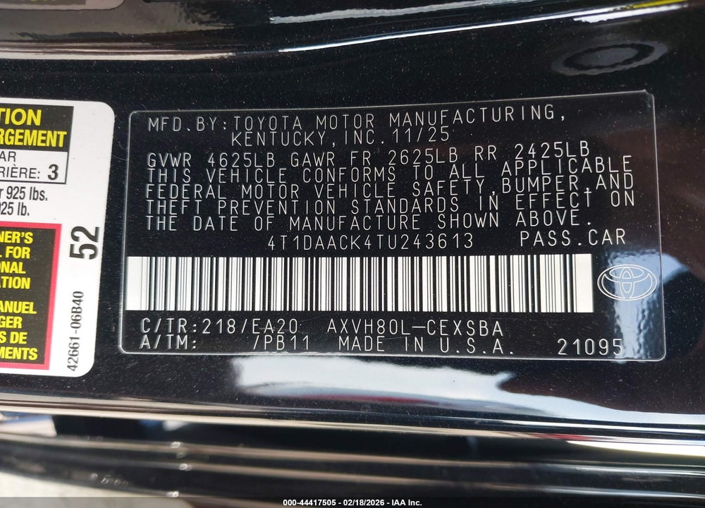 2026 TOYOTA CAMRY SE VIN: 4T1DAACK4TU243613