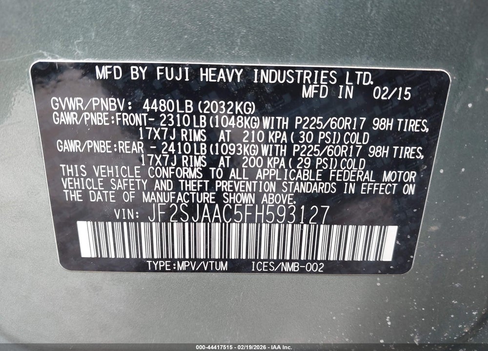 2015 SUBARU FORESTER 2.5I VIN: JF2SJAAC5FH593127