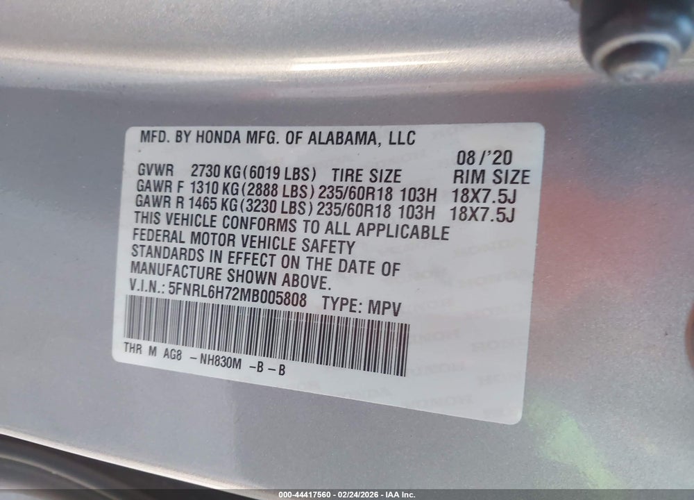 2021 HONDA ODYSSEY EXL VIN: 5FNRL6H72MB005808