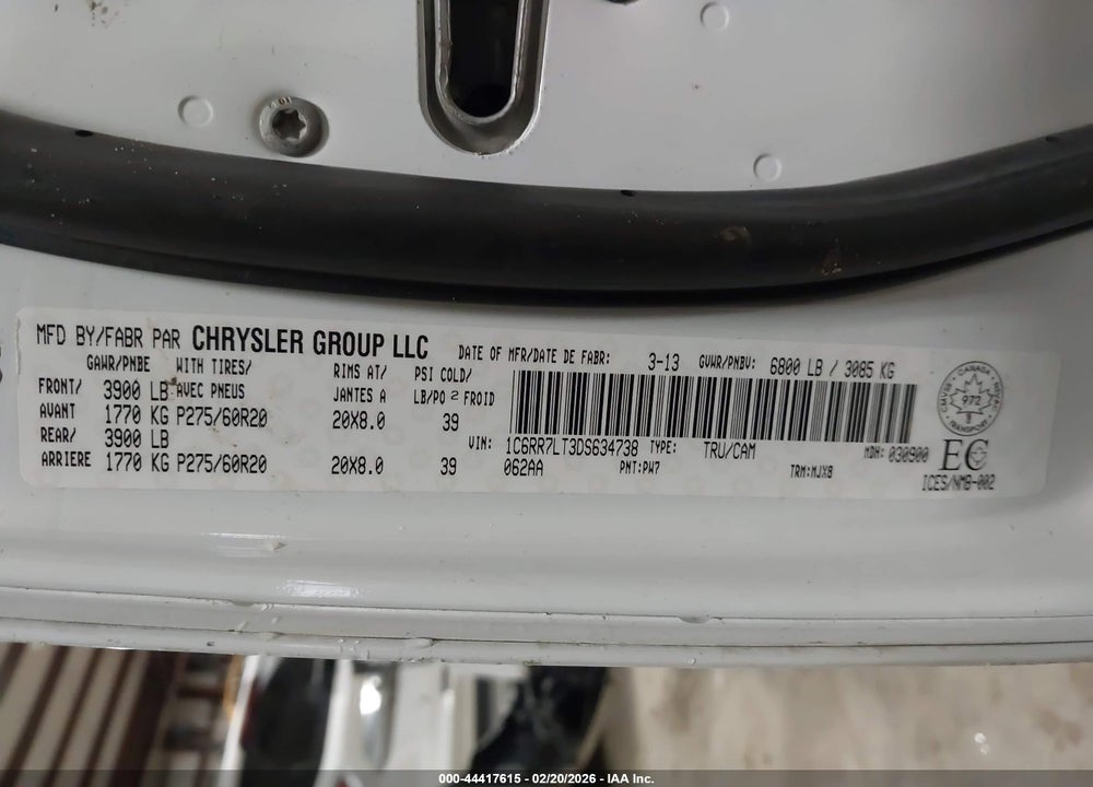 2013 RAM 1500 SLT VIN: 1C6RR7LT3DS634738