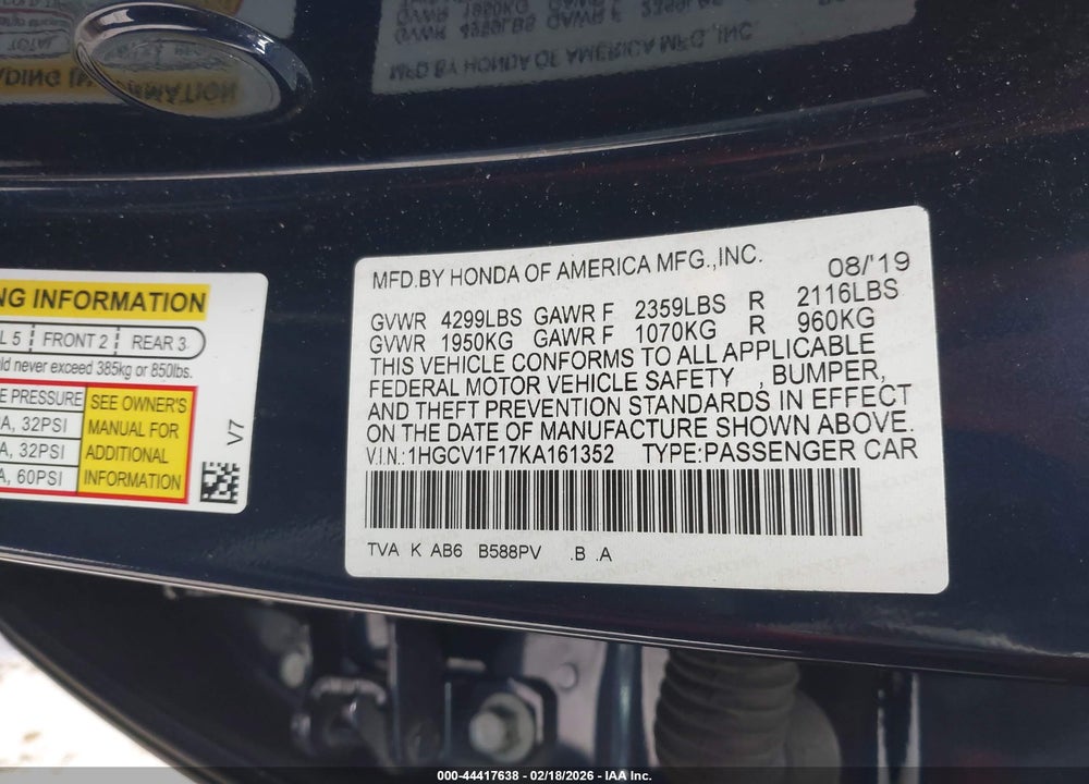 2019 HONDA ACCORD LX VIN: 1HGCV1F17KA161352