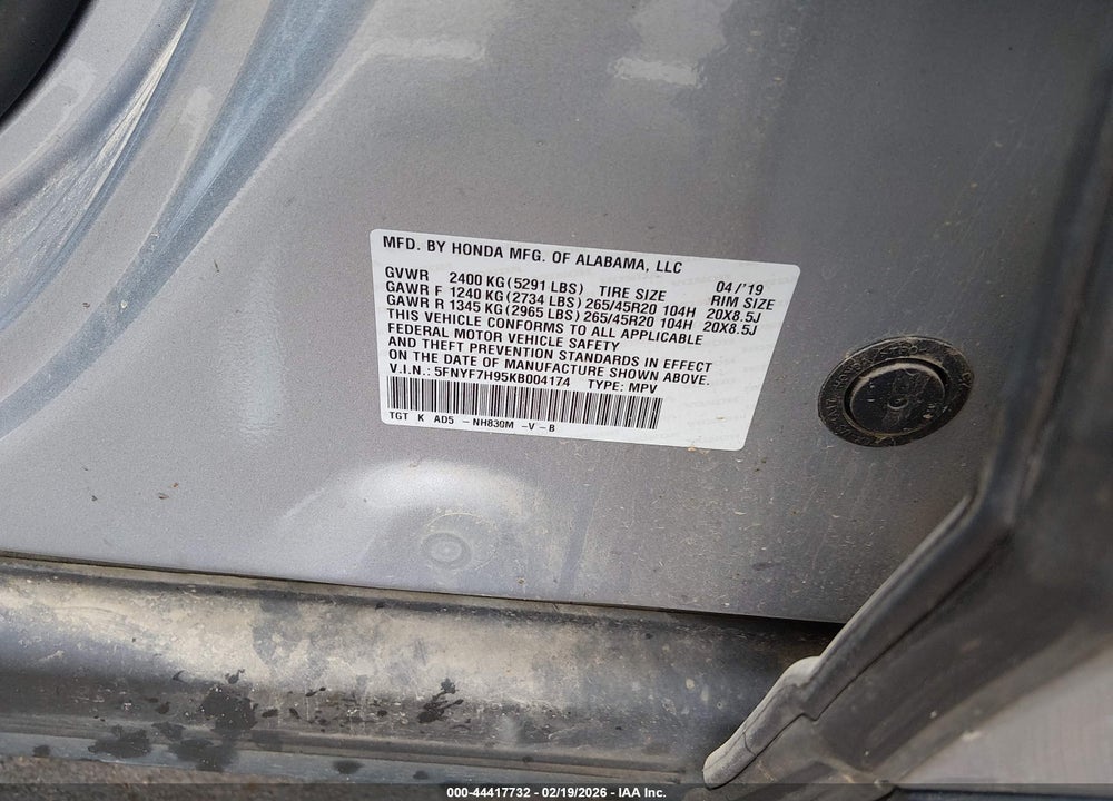 2019 HONDA PASSPORT TOURING VIN: 5FNYF7H95KB004174