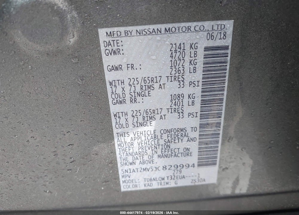 2018 NISSAN ROGUE SV VIN: 5N1AT2MV5JC829994