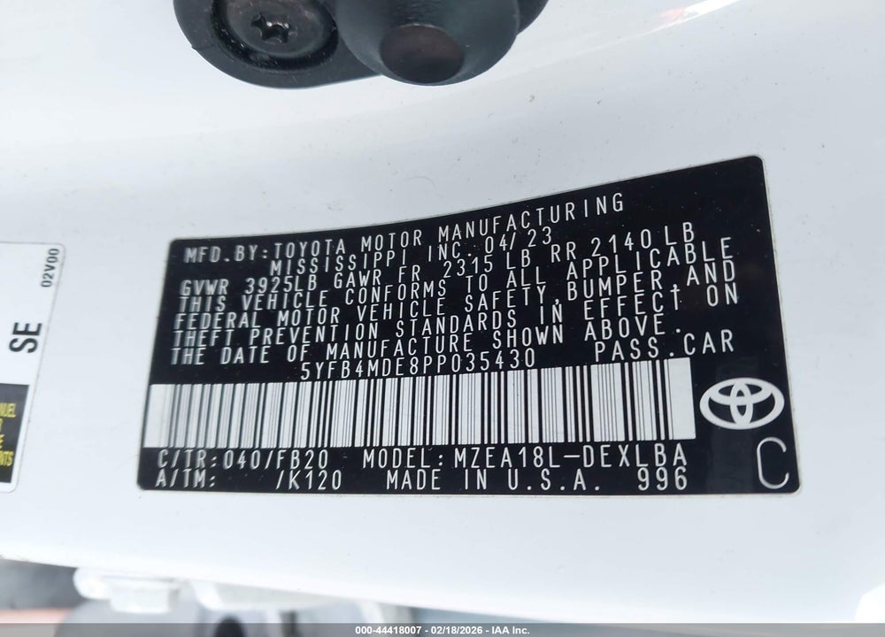 2023 TOYOTA COROLLA LE VIN: 5YFB4MDE8PP035430