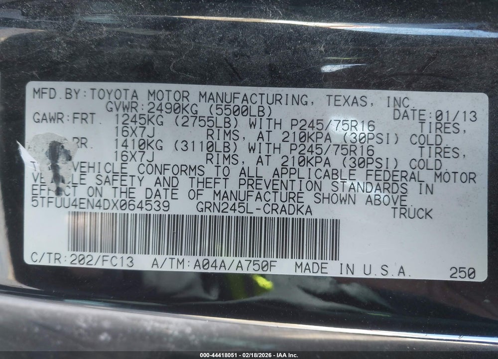2013 TOYOTA TACOMA BASE V6 VIN: 5TFUU4EN4DX064539