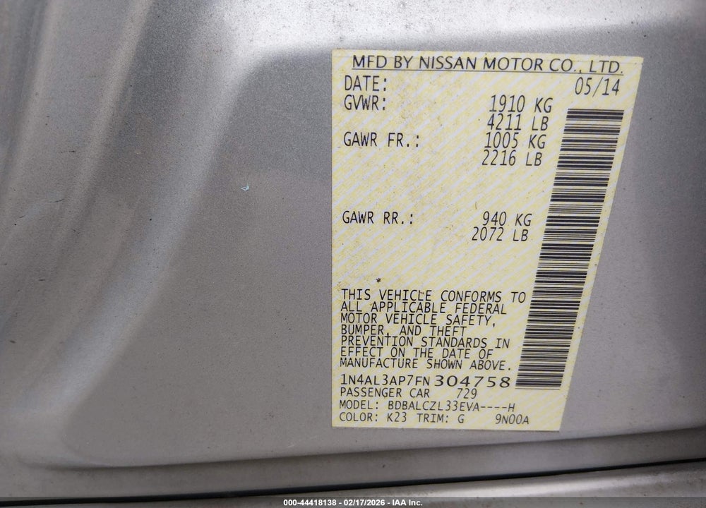 2015 NISSAN ALTIMA 2.5 S VIN: 1N4AL3AP7FN304758