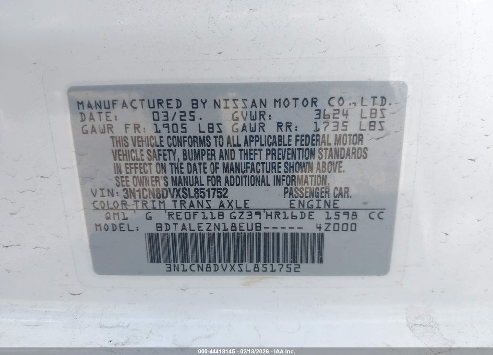 2025 NISSAN VERSA 1.6 S VIN: 3N1CN8DVXSL851752