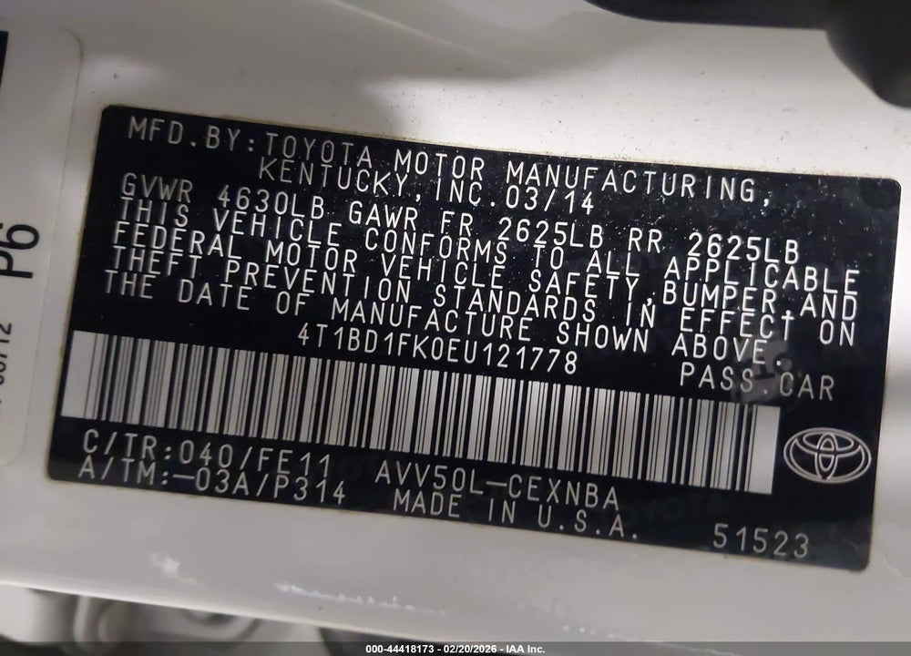 2014 TOYOTA CAMRY HYBRID LE VIN: 4T1BD1FK0EU121778