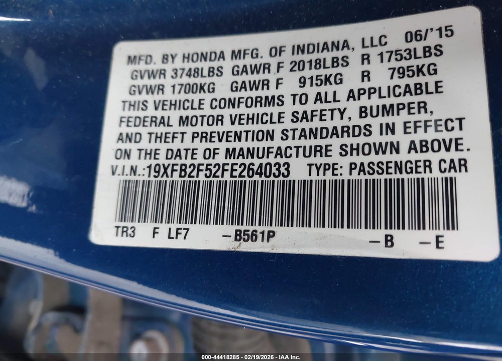 2015 HONDA CIVIC LX VIN: 19XFB2F52FE264033
