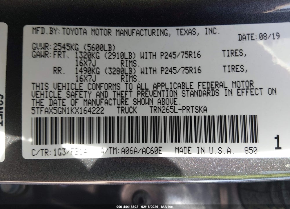 2019 TOYOTA TACOMA SR VIN: 5TFAX5GN1KX164222
