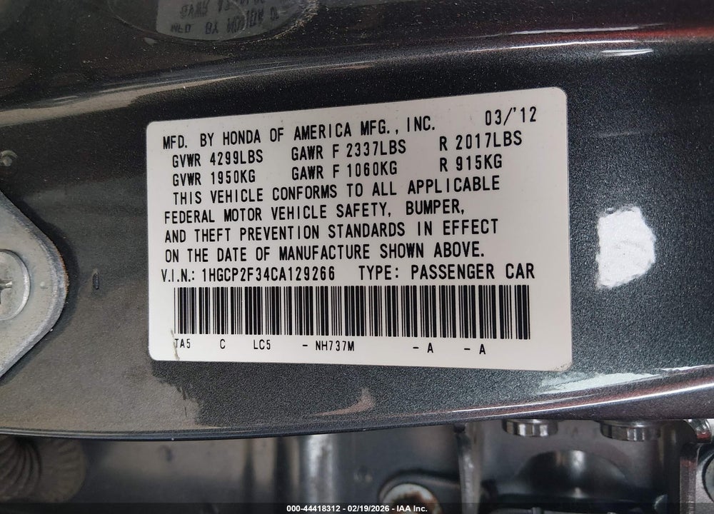 2012 HONDA ACCORD 2.4 LX VIN: 1HGCP2F34CA129266