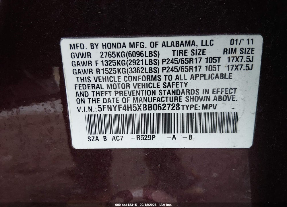 2011 HONDA PILOT EX-L VIN: 5FNYF4H5XBB062728