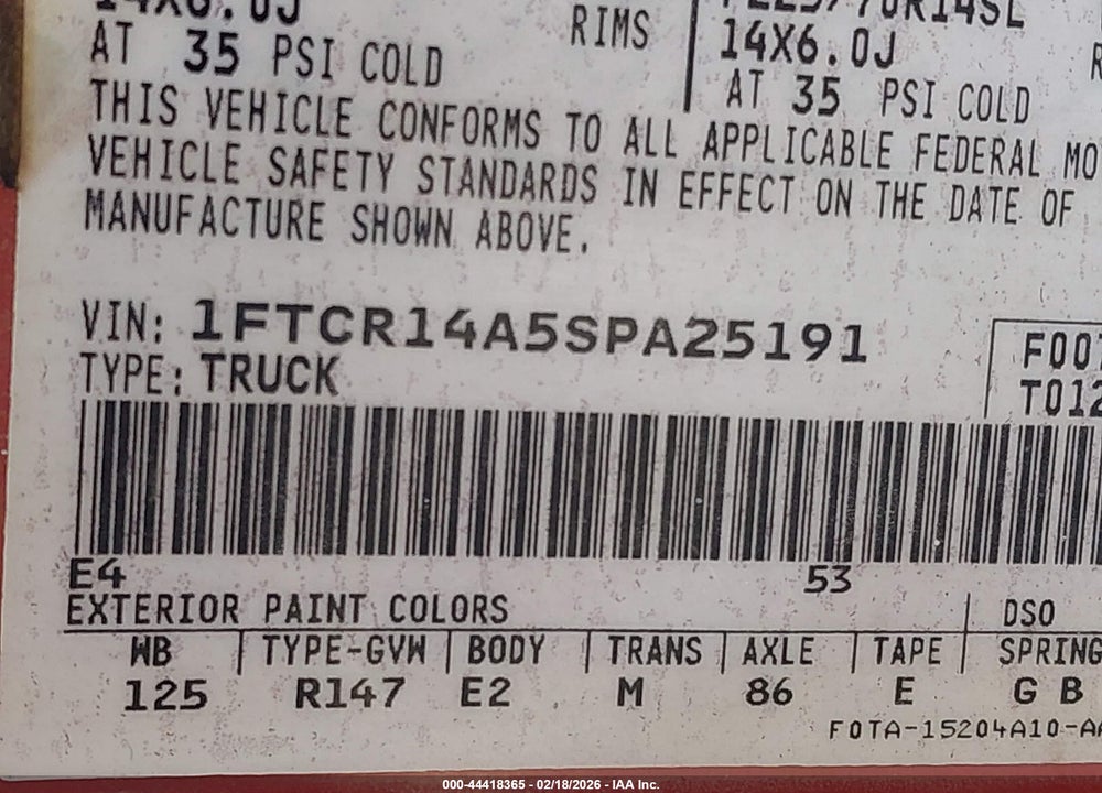 1995 FORD RANGER SUPER CAB VIN: 1FTCR14A5SPA25191