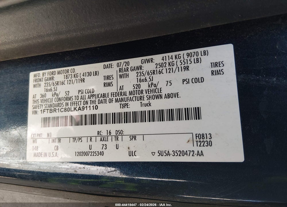 2020 FORD TRANSIT-250 VIN: 1FTBR1C80LKA91110