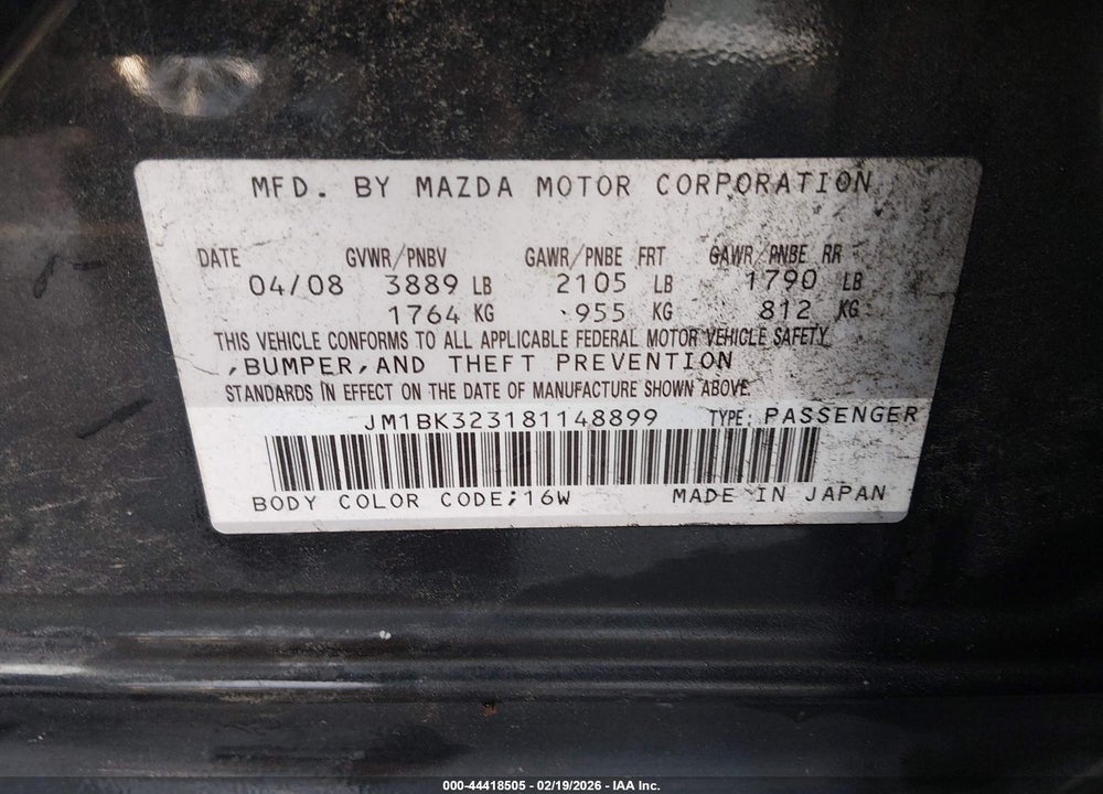 2008 MAZDA 3 S SPORT VIN: JM1BK323181148899