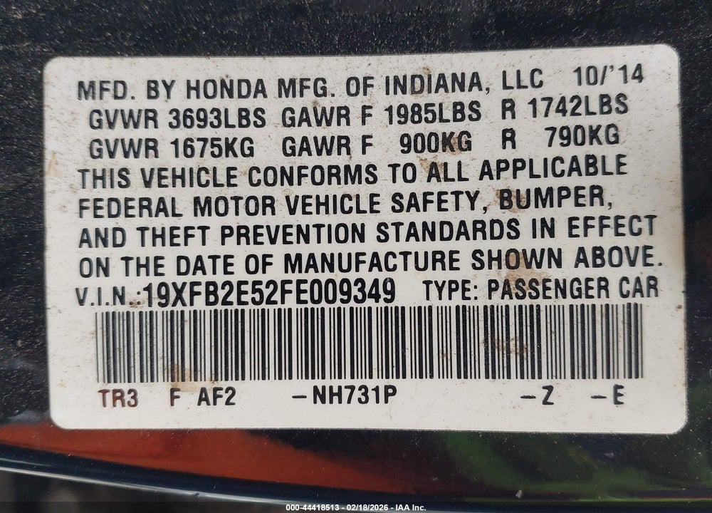 2015 HONDA CIVIC LX VIN: 19XFB2E52FE009349