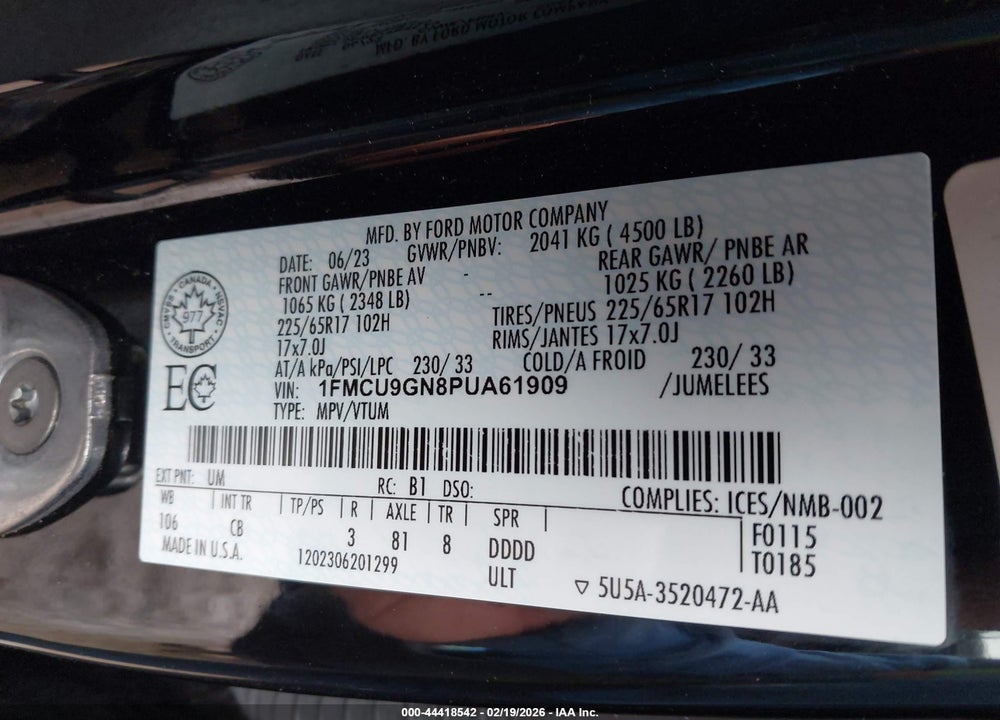 2023 FORD ESCAPE ACTIVE VIN: 1FMCU9GN8PUA61909