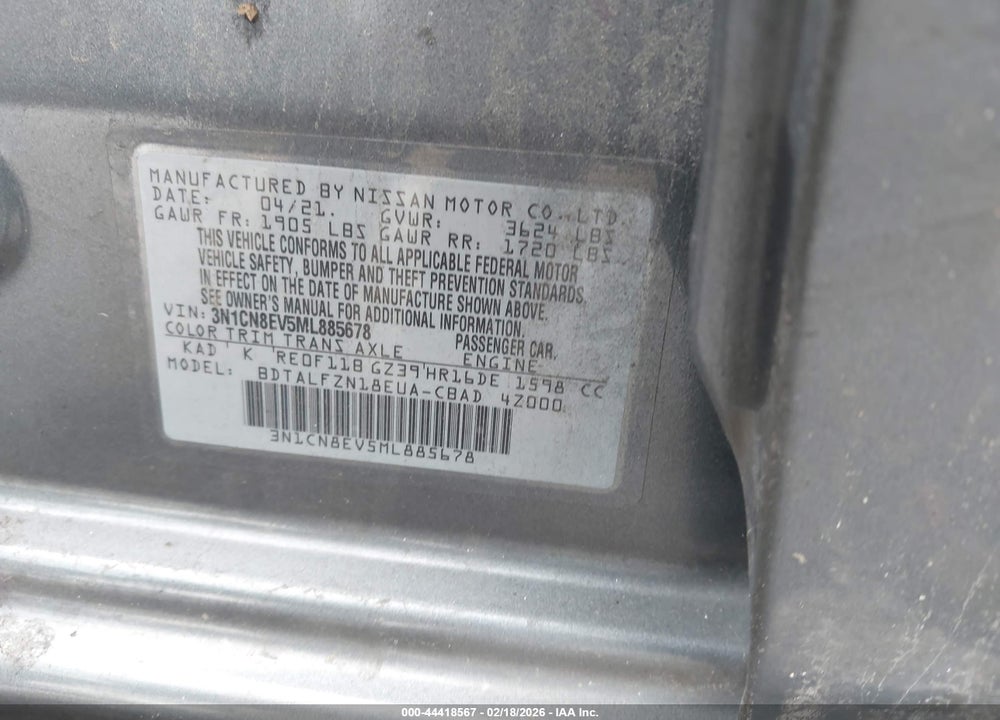 2021 NISSAN VERSA SV XTRONIC CVT VIN: 3N1CN8EV5ML885678