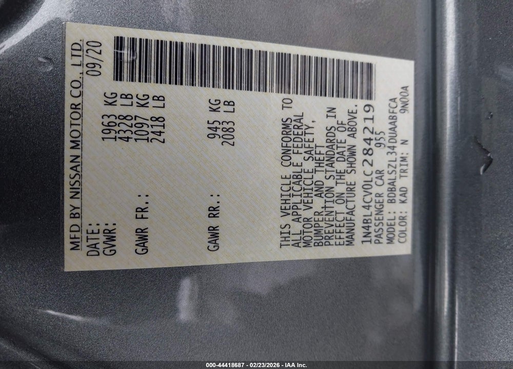 2020 NISSAN ALTIMA SR FWD VIN: 1N4BL4CV0LC284219