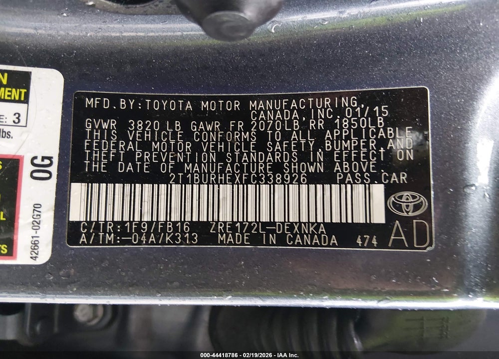 2015 TOYOTA COROLLA LE PLUS VIN: 2T1BURHEXFC338926