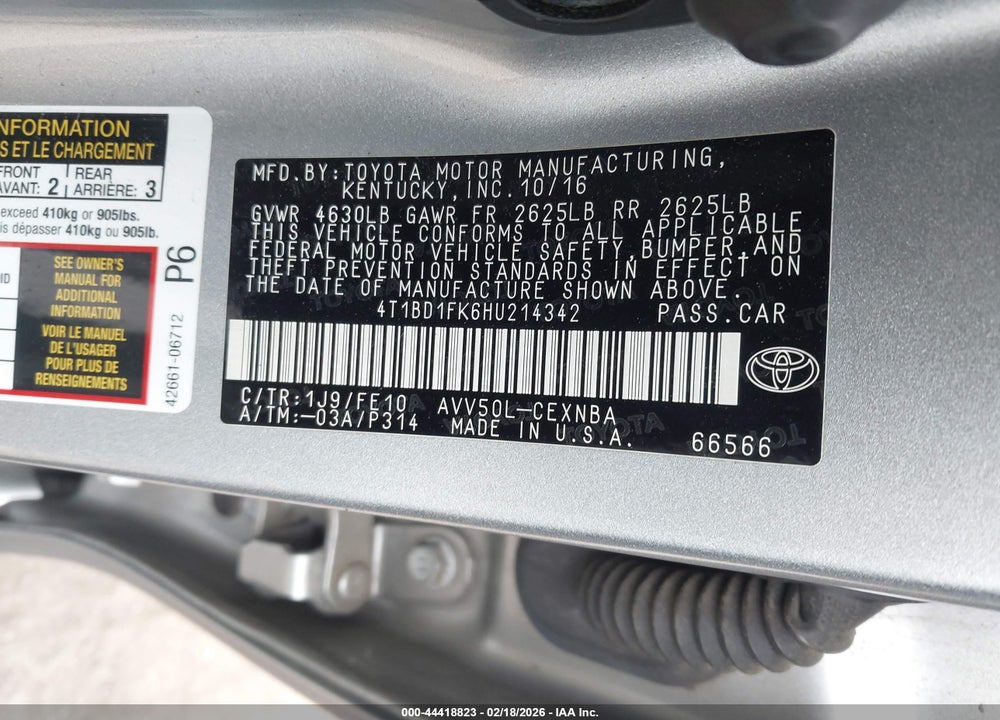 2017 TOYOTA CAMRY HYBRID LE VIN: 4T1BD1FK6HU214342