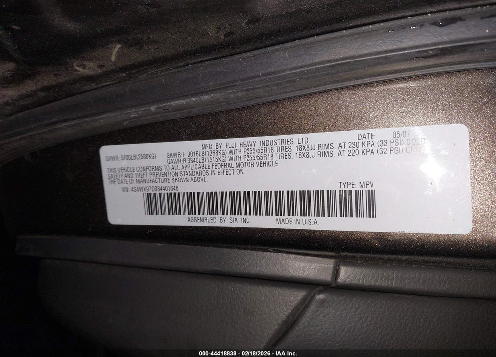 2008 SUBARU TRIBECA LIMITED 7-PASSENGER VIN: 4S4WX97D984401646
