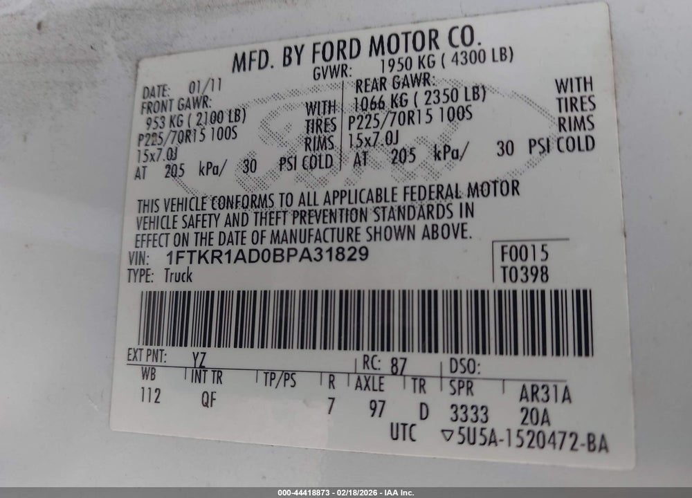 2011 FORD RANGER XL VIN: 1FTKR1AD0BPA31829