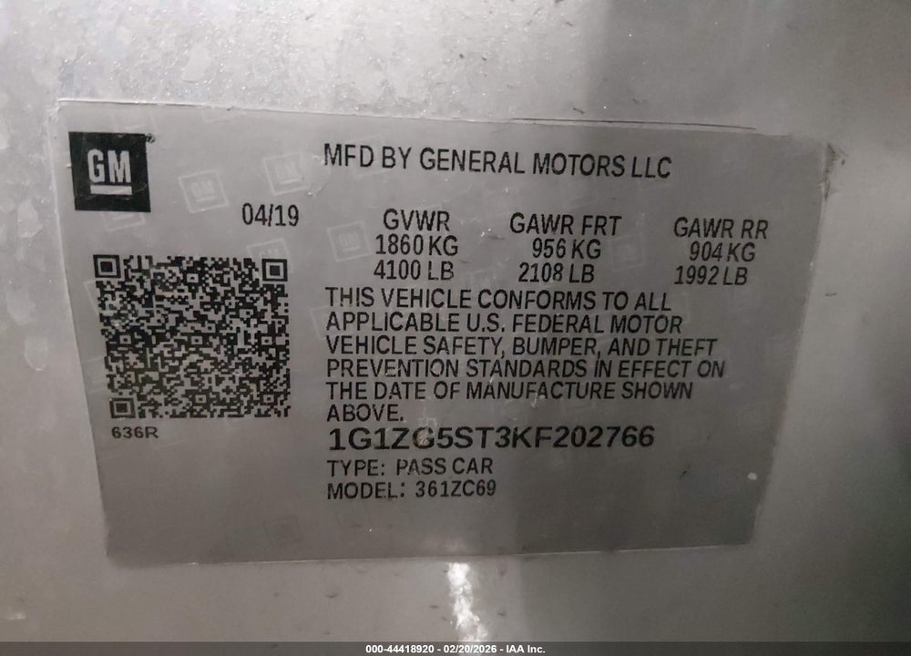 2019 CHEVROLET MALIBU RS VIN: 1G1ZG5ST3KF202766