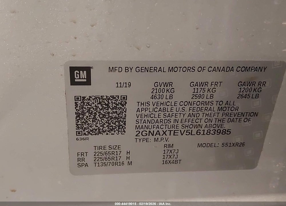 2020 CHEVROLET EQUINOX AWD 2FL VIN: 2GNAXTEV5L6183985