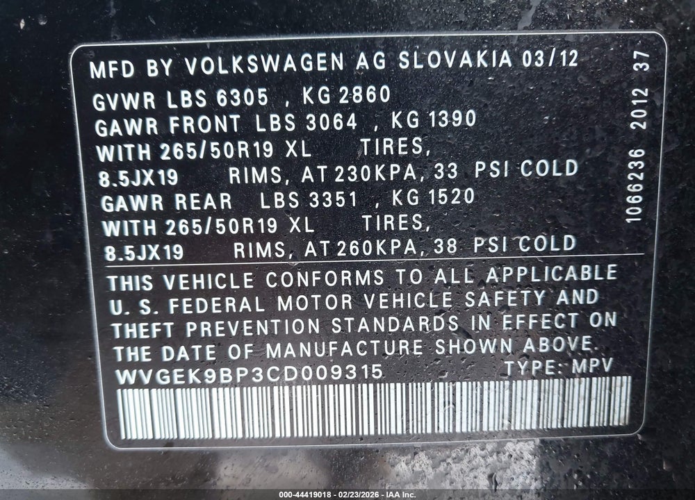 2012 VOLKSWAGEN TOUAREG TDI LUX VIN: WVGEK9BP3CD009315