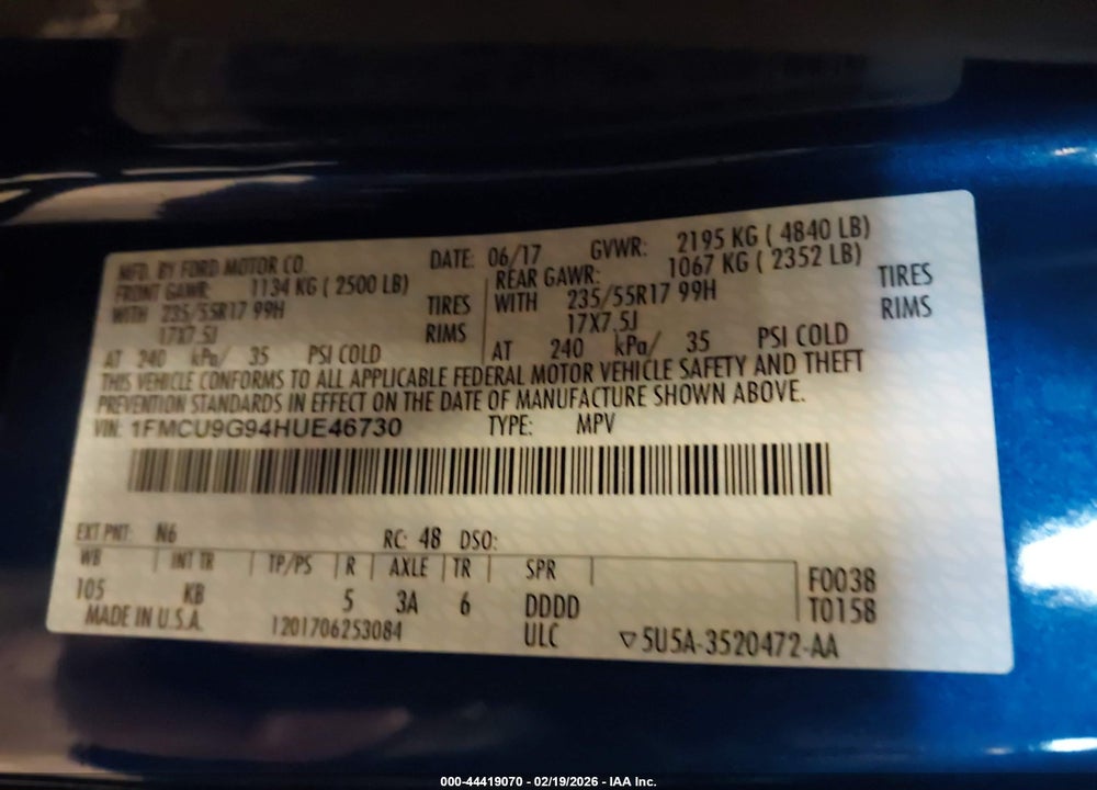 2017 FORD ESCAPE SE VIN: 1FMCU9G94HUE46730