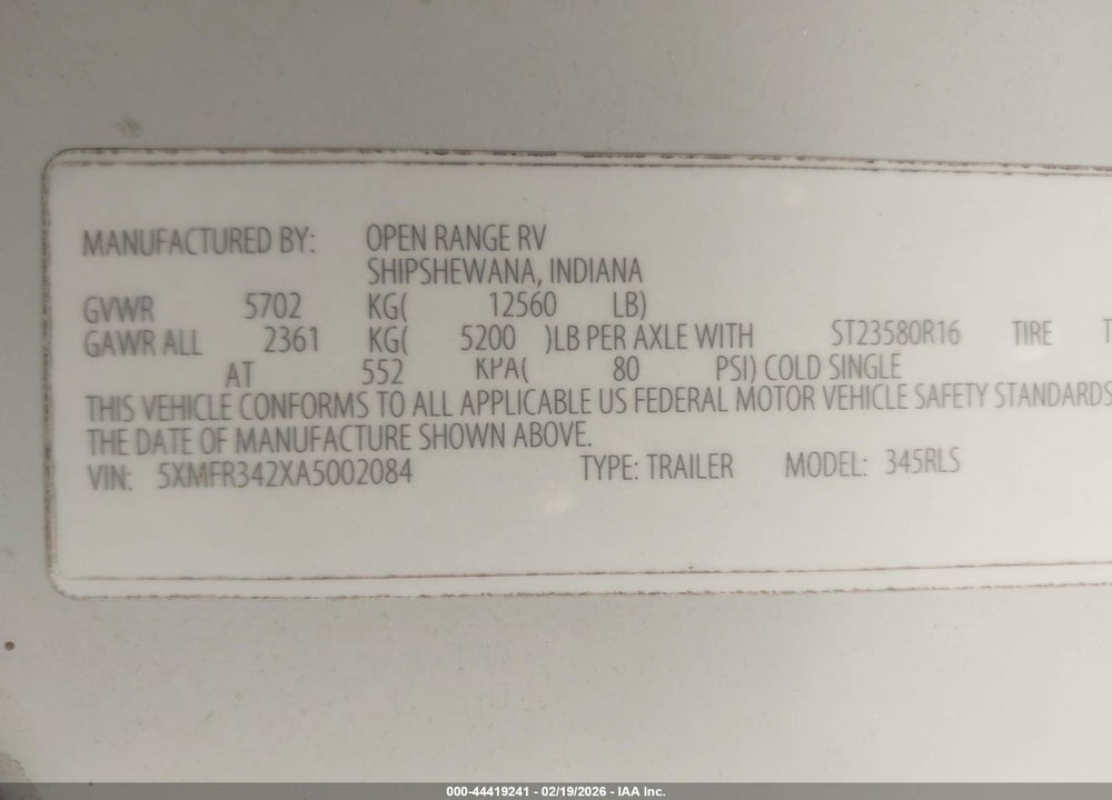 2010 OPEN RANGE OTHER VIN: 5XMFR342XA5002084