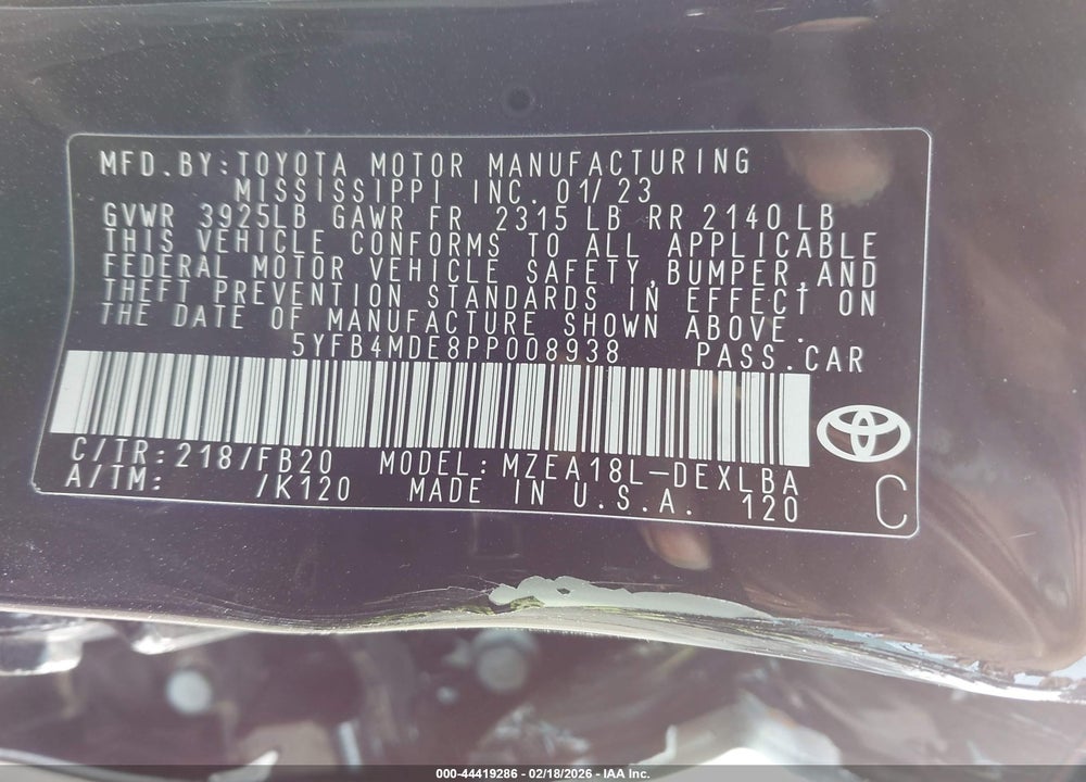 2023 TOYOTA COROLLA LE VIN: 5YFB4MDE8PP008938
