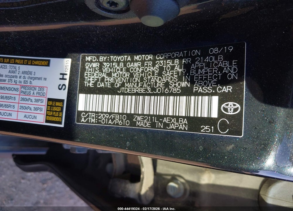 2020 TOYOTA COROLLA HYBRID LE VIN: JTDEBRBE3LJ016785
